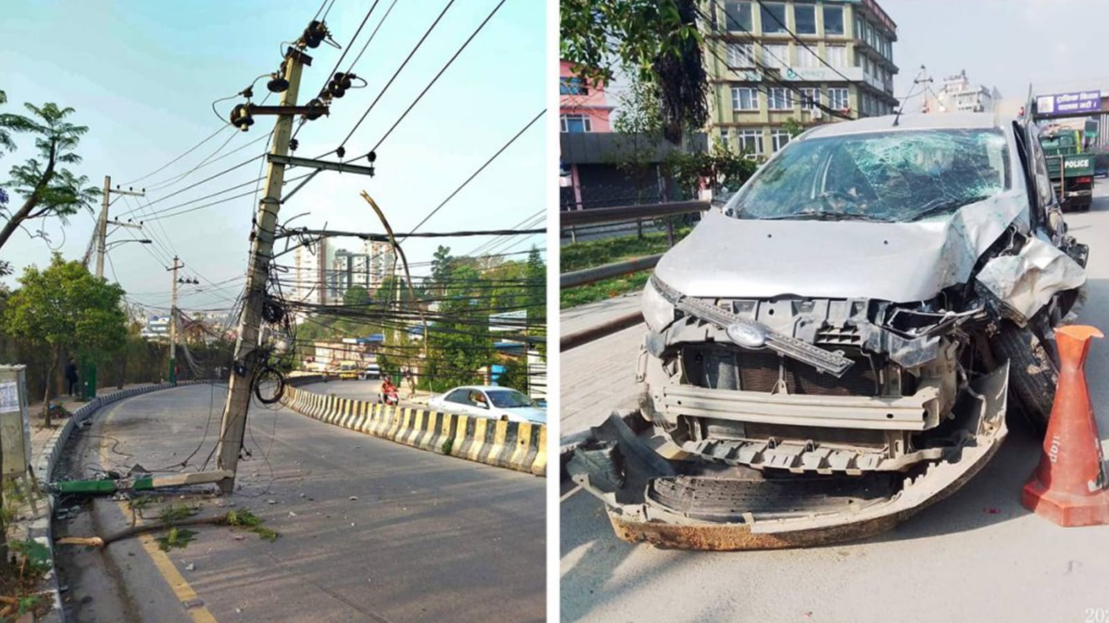 मापसेको तालमा कार चलाउँदा भयानक दुर्घटना,११ हजर भोल्टको बिजुलीको पोल सडकमा
