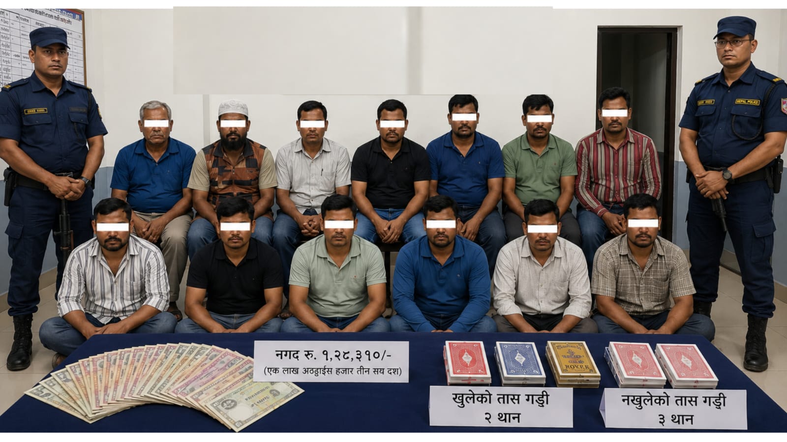 खजुराको रिसोर्टबाट जुवा खेल्दै गरेका १३ जना जुवाडे पक्राउ, लाखौं नगद बरामद