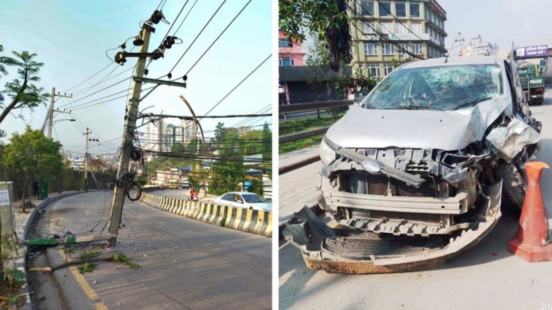 मापसेको तालमा कार चलाउँदा भयानक दुर्घटना,११ हजर भोल्टको बिजुलीको पोल सडकमा