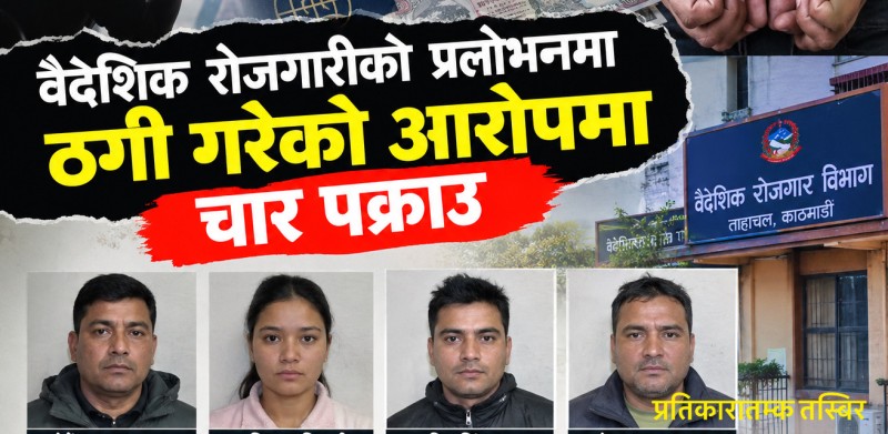 वैदेशिक रोजगारीको प्रलोभनमा ठगी गरेको आरोपमा एक महिलासहित चार पक्राउ