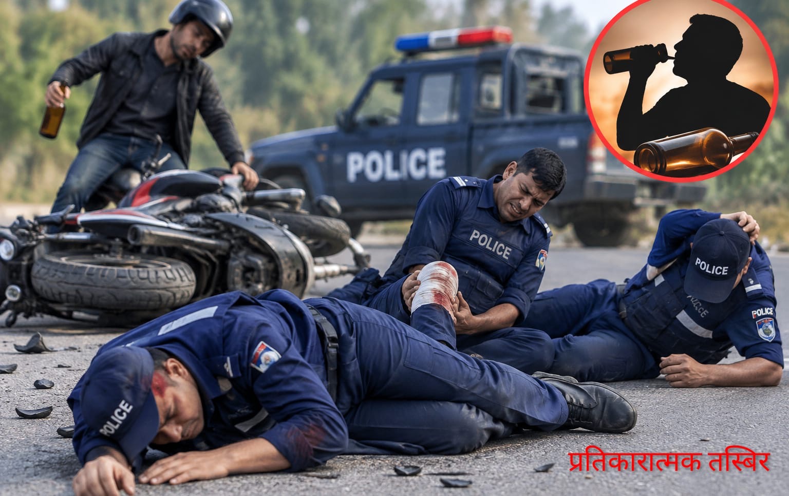 मापसे गरी चलाएको मोटरसाइकलले ठक्कर दिँदा चेकिङमा रहेका तीन प्रहरी घाइते